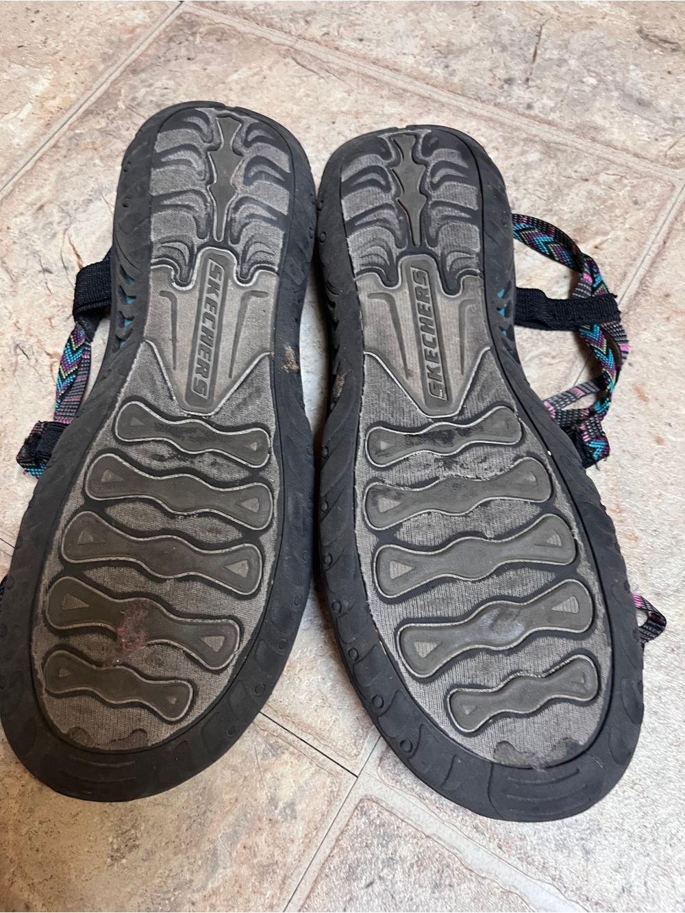 Skechers Black Sandals with Teal Purple Pink Chevron Straps - Picture 3 of 4